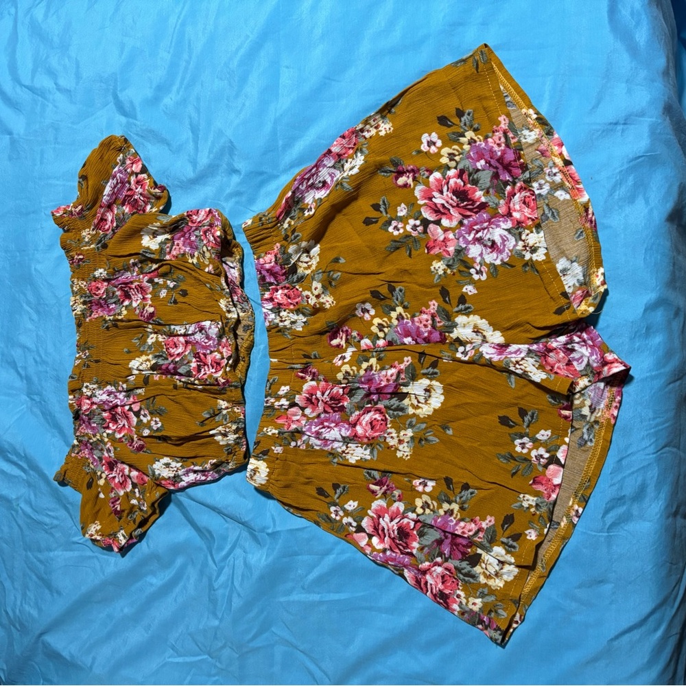 Zaful Mustard Floral Cropped Blouse and Shorts Set